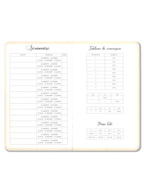 Carnet de recettes 11 x 18 cm - Page " Sommaire" et "Tableau de conversion / Pense bête"