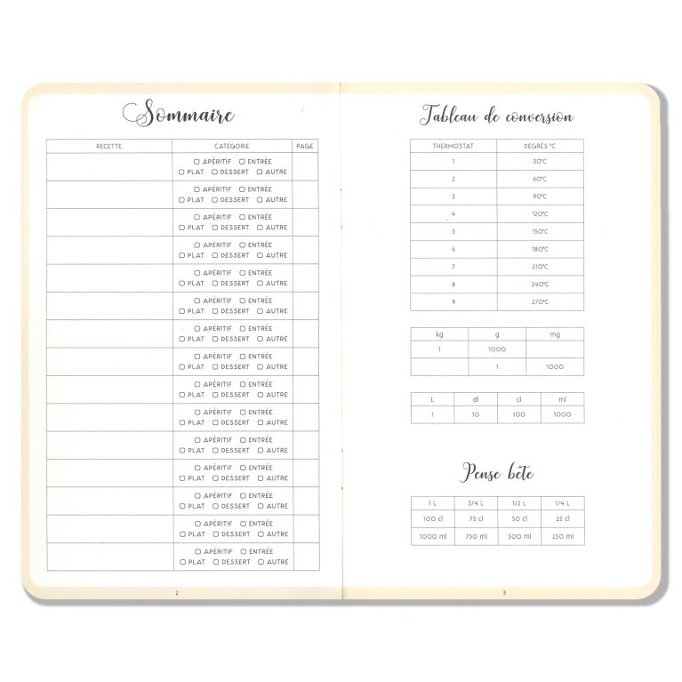 Carnet de recettes 11 x 18 cm - Page " Sommaire" et "Tableau de conversion / Pense bête"