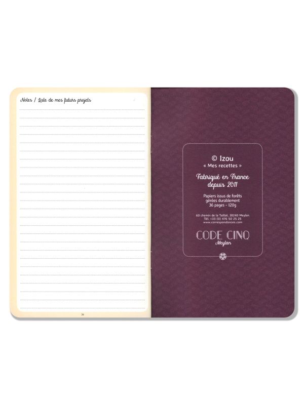Carnet de recettes 11 x 18 cm - "Mes recettes" - Izou et page "Notes / Liste de mes futures projets"