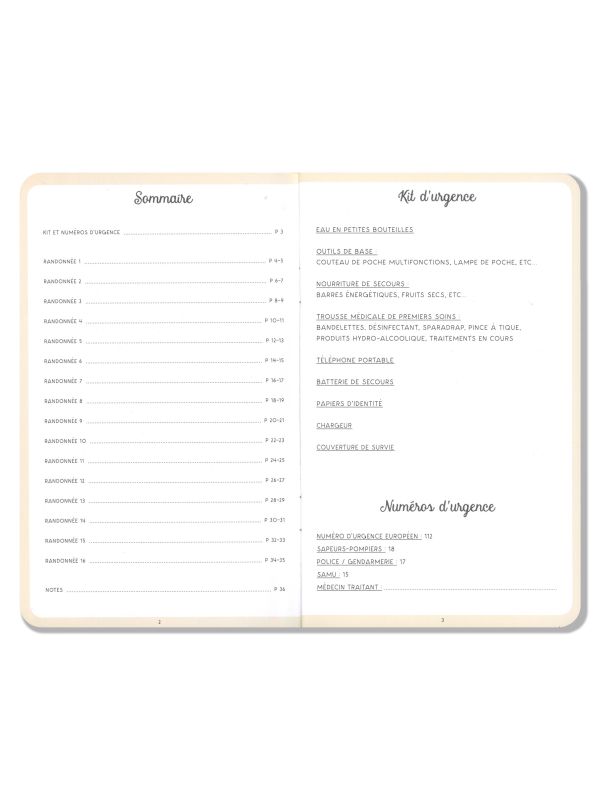 Carnet de randonnées 11 x 18 cm - Page "sommaire" et "kit d'urgence / Numéro d'urgence"