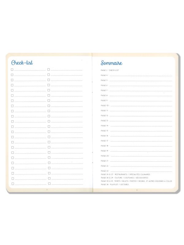 Carnet de voyage 11 x 18 cm - Page "Check-list" et "Sommaire"