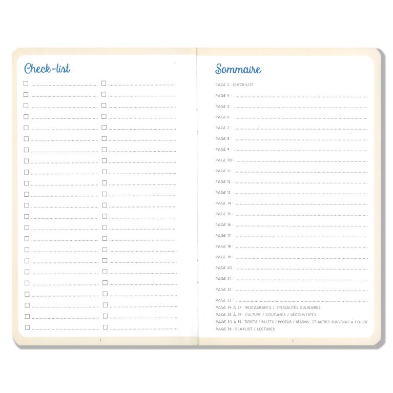 Carnet de voyage 11 x 18 cm - Page "Check-list" et "Sommaire"