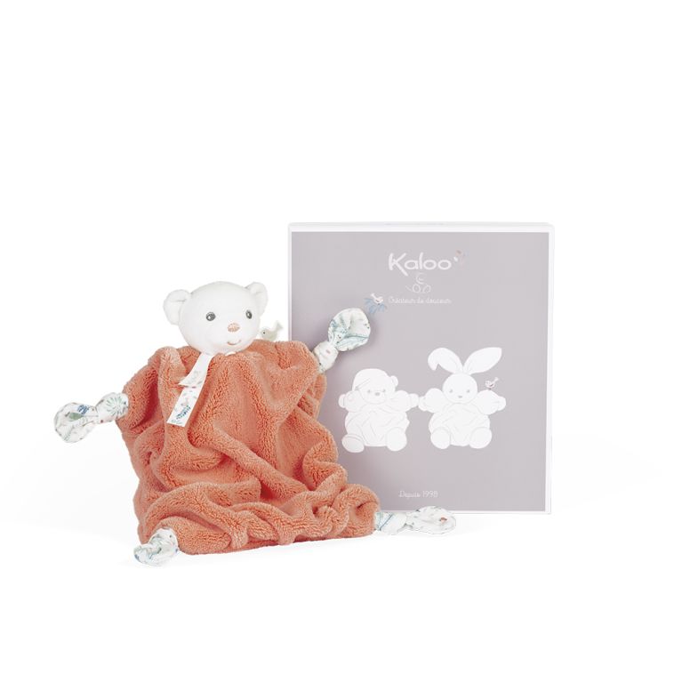 Doudou PLUME carré 20 cm - Nouvelle collection - ourson corail