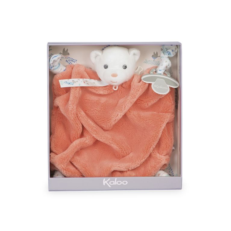 Doudou PLUME carré 20 cm - Nouvelle collection - ourson corail