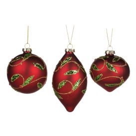 Boule de noël rouge mat avec feuille de houx en strass et paillette Ø 8 cm - 3 forme différentes