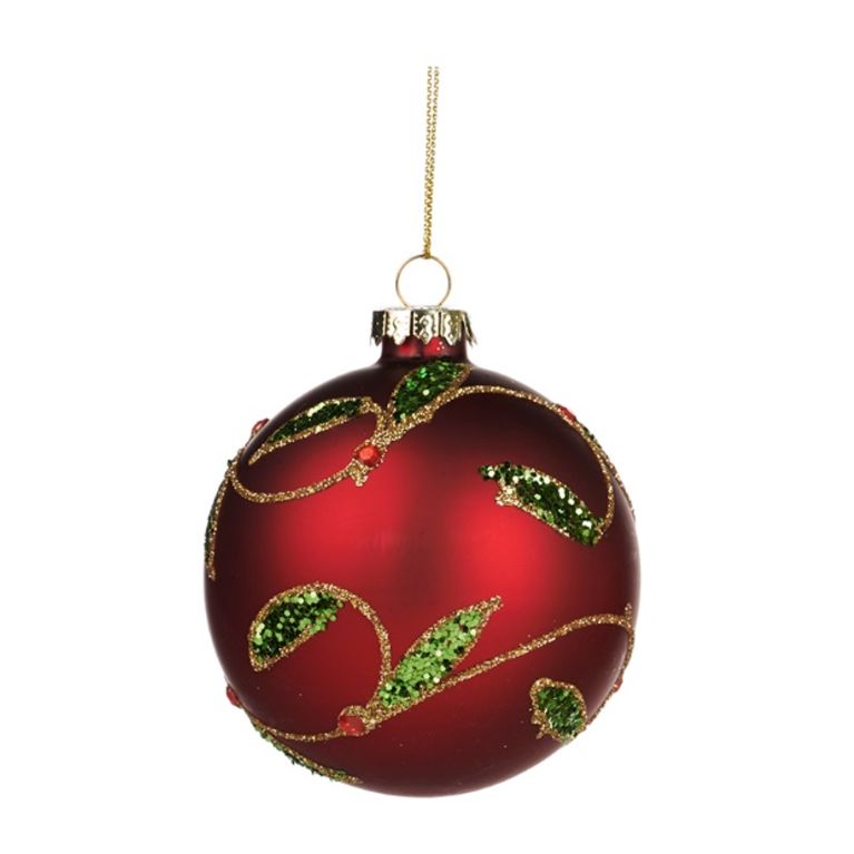 Boule de noël rouge mat avec feuille de houx en strass et paillette Ø 8 cm - Ronde