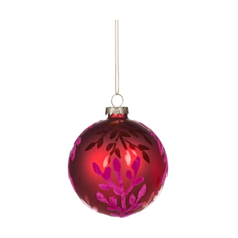 Boule de noël rouge effet fusion avec feuillage pailleté doré Ø 8 cm - Ronde