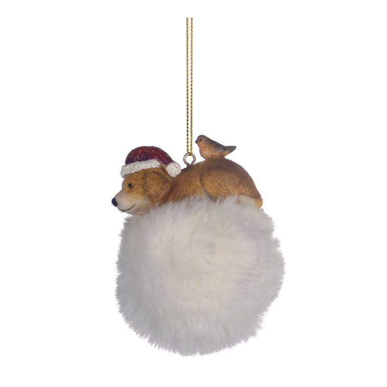 Pompon de noël blanc avec chien