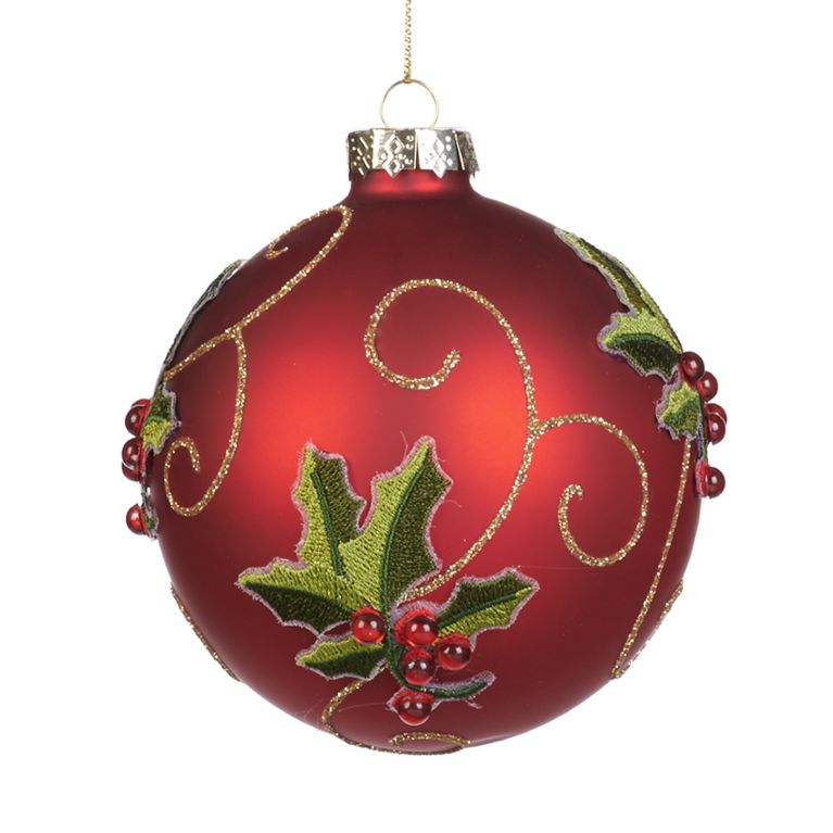 Boule de noël rouge mat avec feuille de houx en tissus brodés Ø 10 cm