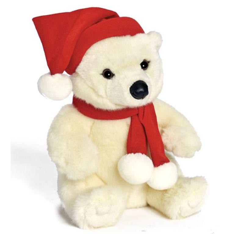Peluche ours polaire au bonnet et écharpe rouge