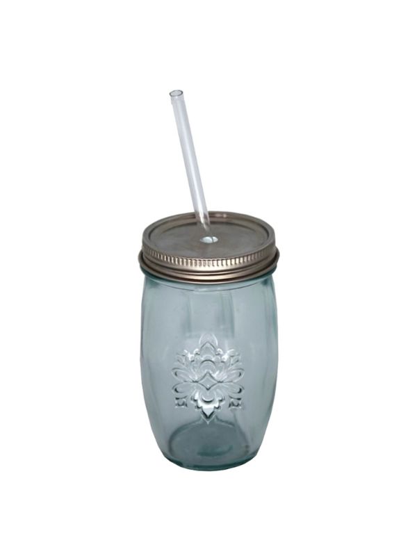 Verre style "Mason" avec couvercle et paille - 450 ml