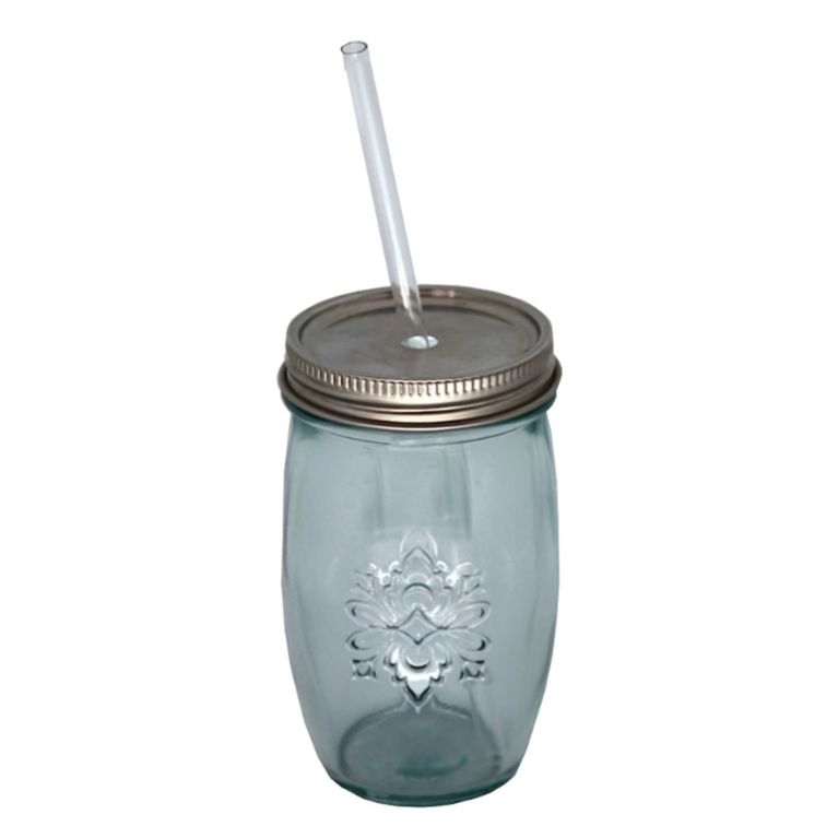 Verre style "Mason" avec couvercle et paille - 450 ml