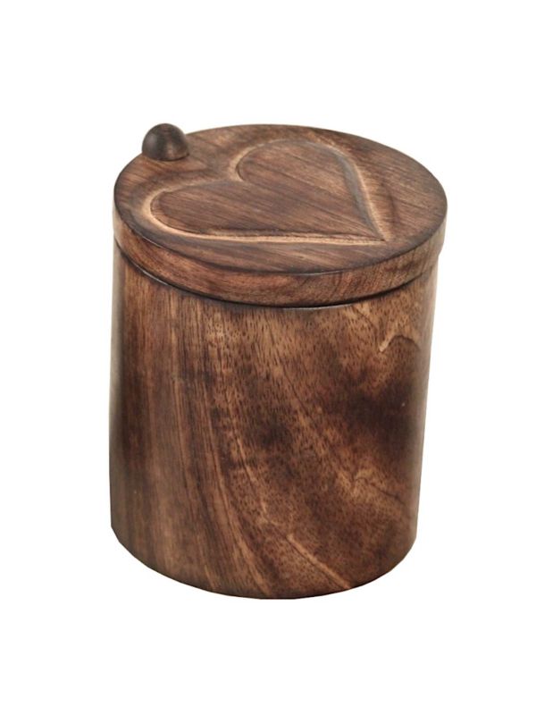 Boite ronde en bois avec cœur sculpté sur couvercle coulissant