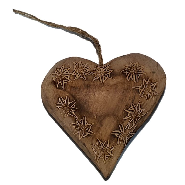 Suspension cœur en bois avec motif sculpté main - Edelweiss clair