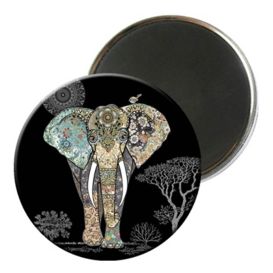Magnet rond sur fond noir avec motif coloré et doré - Éléphant