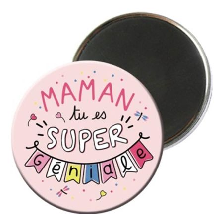 Magnet rond coloré avec petit message d'affection - Maman super géniales