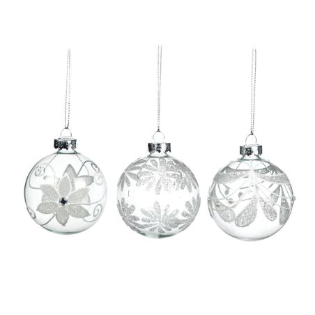 Boule de noël transparente avec fleur blanche et argentée - 3 modèles différents