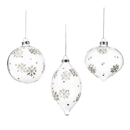 Boule de noël transparente avec flocons enneigés Ø 10 cm - 3 Formes différentes