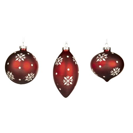 Boule de noël rouge mat avec flocons enneigés Ø 8 cm - 3 Formes différentes