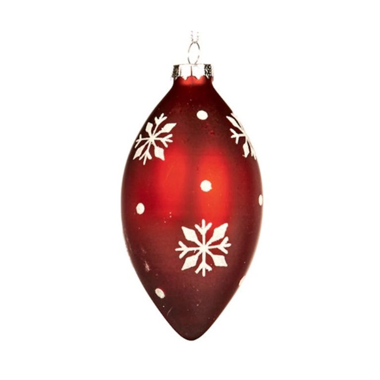 Boule de noël rouge mat avec flocons enneigés Ø 8 cm - Ovale